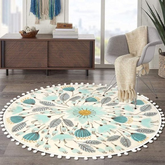 Anthropologie Other - Anthropologie 4' Diameter Chic Pom Pom Fringe Floral Velvet Throw Round Area Rug